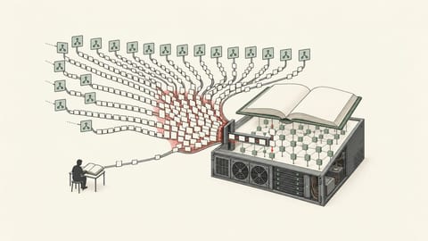 Crowded streams of blank request packets converge on a server beneath an open reference book and a knowledge graph, while a lone reader connects from the side.