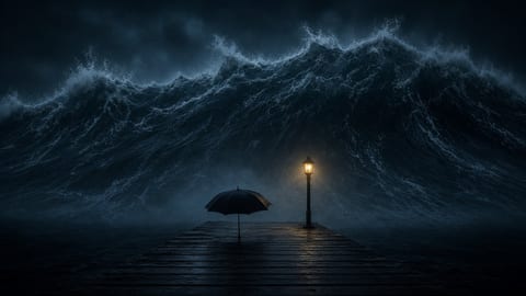A single small open umbrella on an empty wooden pier at night, lit by one amber lamp, facing a towering ocean wave about to crash.