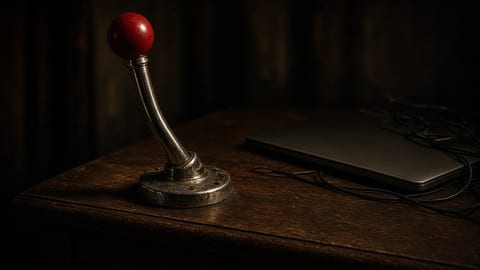 A worn slot machine lever beside a closed laptop on a dark wooden desk, lit by one warm lamp.