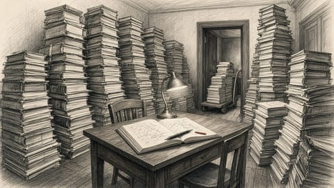 A pencil drawing of a small study crowded with towering stacks of bound manuscripts, a reading lamp over an open notebook on the desk and more stacks arriving on a trolley.