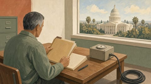 A gouache painting of a warehouse office where a supervisor reads a paper personnel file beside an unplugged automated scoring terminal, with the California Capitol dome visible through the window.