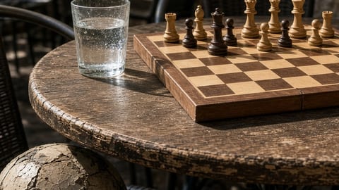 A wooden chessboard on a sunny cafe table with a worn football on the chair beside it and a glass of water, two pieces on the back row standing in the wrong places