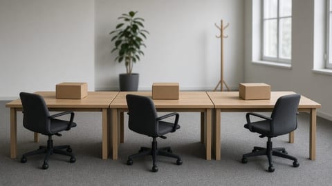 A documentary-style photograph of an open-plan office in flat overcast light, with three cleared desks side by side, each holding a closed cardboard box, and three empty chairs pushed back.