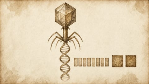 A vintage natural-history watercolour plate of a bacteriophage above an unspooled DNA strand marked with a row of evenly spaced rust-coloured repeats beside two larger green gene blocks.