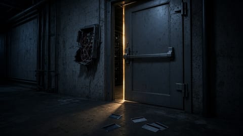 A steel server room door in a dark corridor, its keycard lock pried open and hanging by wires, amber light spilling out across scattered keycards on the floor.