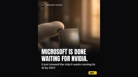 A gloved hand holds a small square AI chip up to warm window light, under the headline: Microsoft is done waiting for Nvidia. It just showed the chip it wants running its AI by 2027.